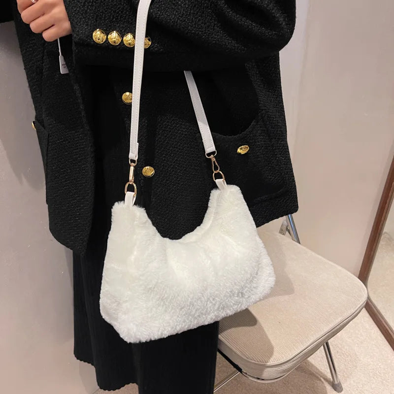 Winter Soft Plush Shoulder Bag Faux Fur Tote Purse Handbag Solid Underarm Bag