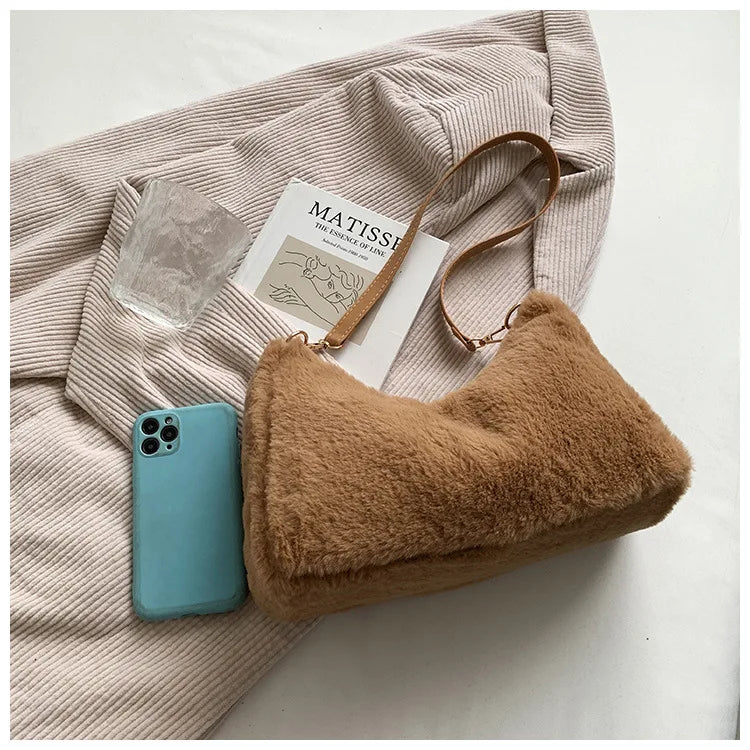 Winter Soft Plush Shoulder Bag Faux Fur Tote Purse Handbag Solid Underarm Bag