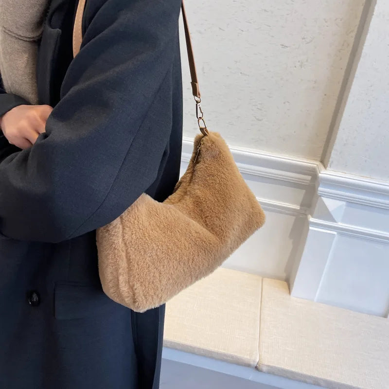 Soft Plush Shoulder Bag Faux Furry Tote Purse Handbag for Women