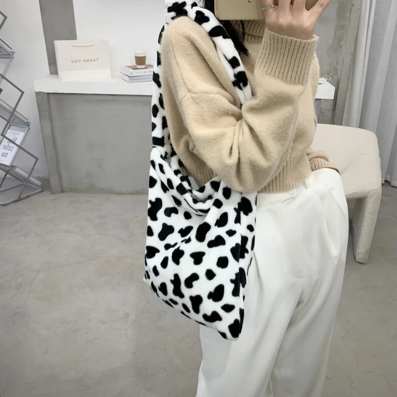 Winter Furry Women Large Handbags Cow Pattern Ladies Shoulder Messenger Bags