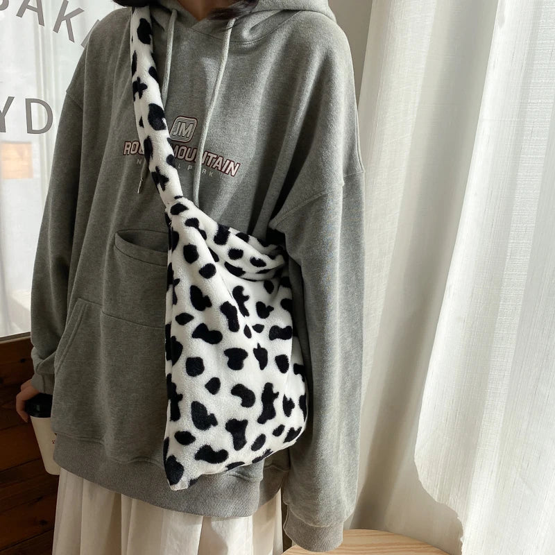 Winter Furry Women Large Handbags Cow Pattern Ladies Shoulder Messenger Bags