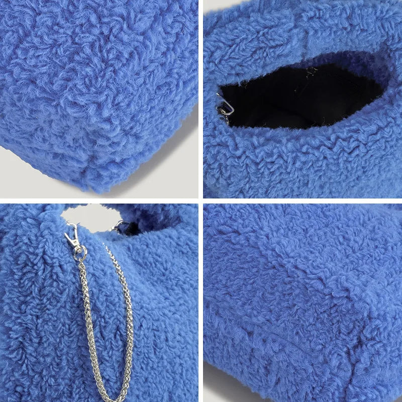 Winter Lambswool Women Handbag Hobos Shoulder Bags Faux Fur Chains Crossbody