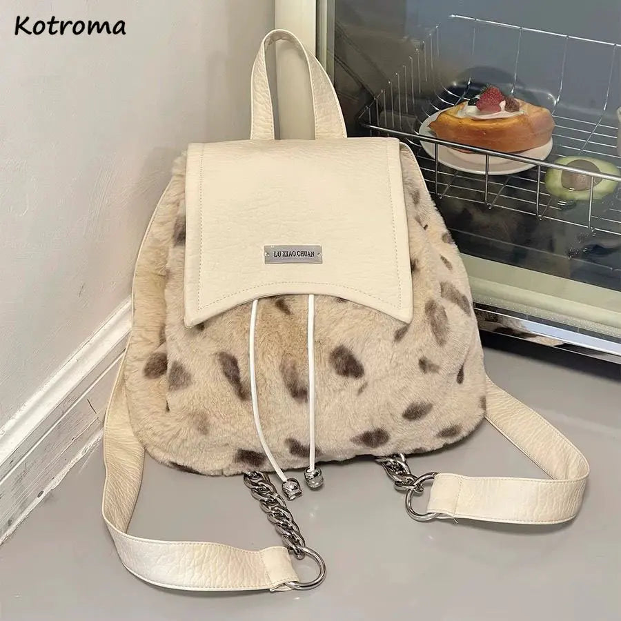 Winter Plush Backpacks Leopard Bags Casual School Travel Knapsack
