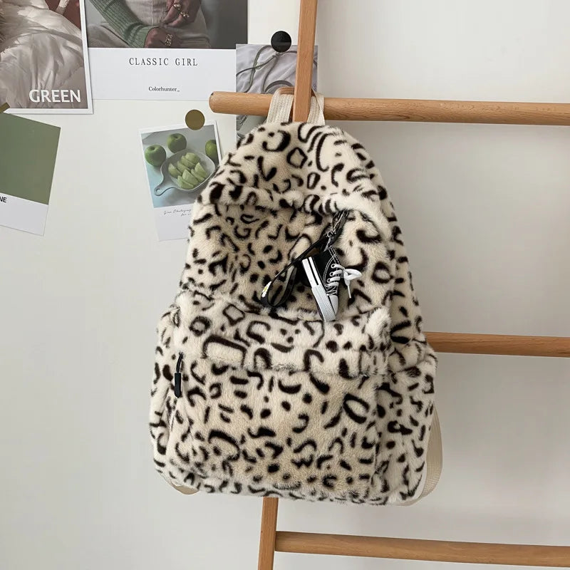 Winter Plush Bag Casual Backpack School Shoulder Bags Cow Leopard Pattern