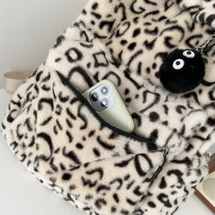 Winter Plush Bag Casual Backpack School Shoulder Bags Cow Leopard Pattern