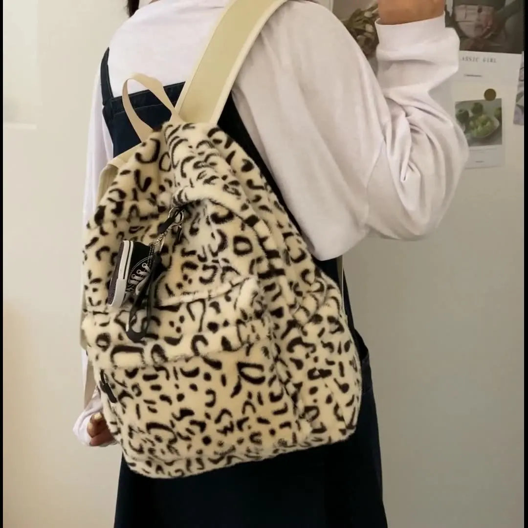 Winter Plush Bag Casual Backpack School Shoulder Bags Cow Leopard Pattern