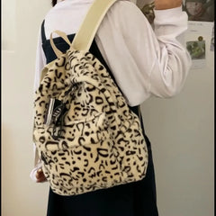 Winter Plush Bag Casual Backpack School Shoulder Bags Cow Leopard Pattern