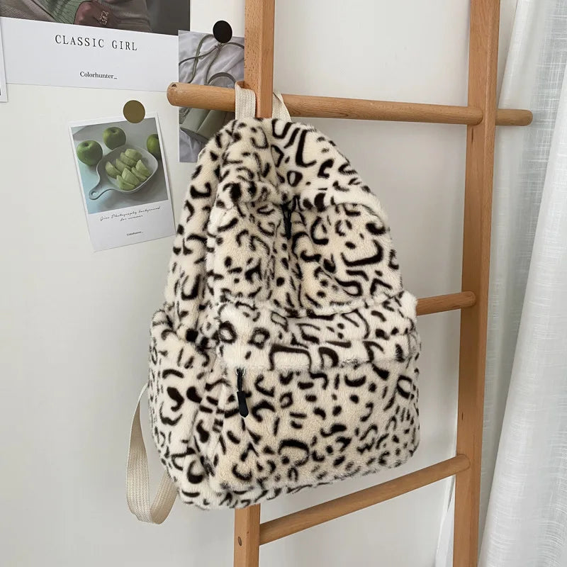 Winter Plush Bag Casual Backpack School Shoulder Bags Cow Leopard Pattern