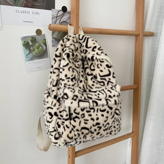 Winter Plush Bag Casual Backpack School Shoulder Bags Cow Leopard Pattern