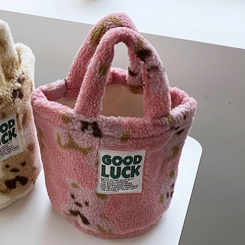 Winter Leopard Plush Bucket Bag Women Handbag Faux Fur