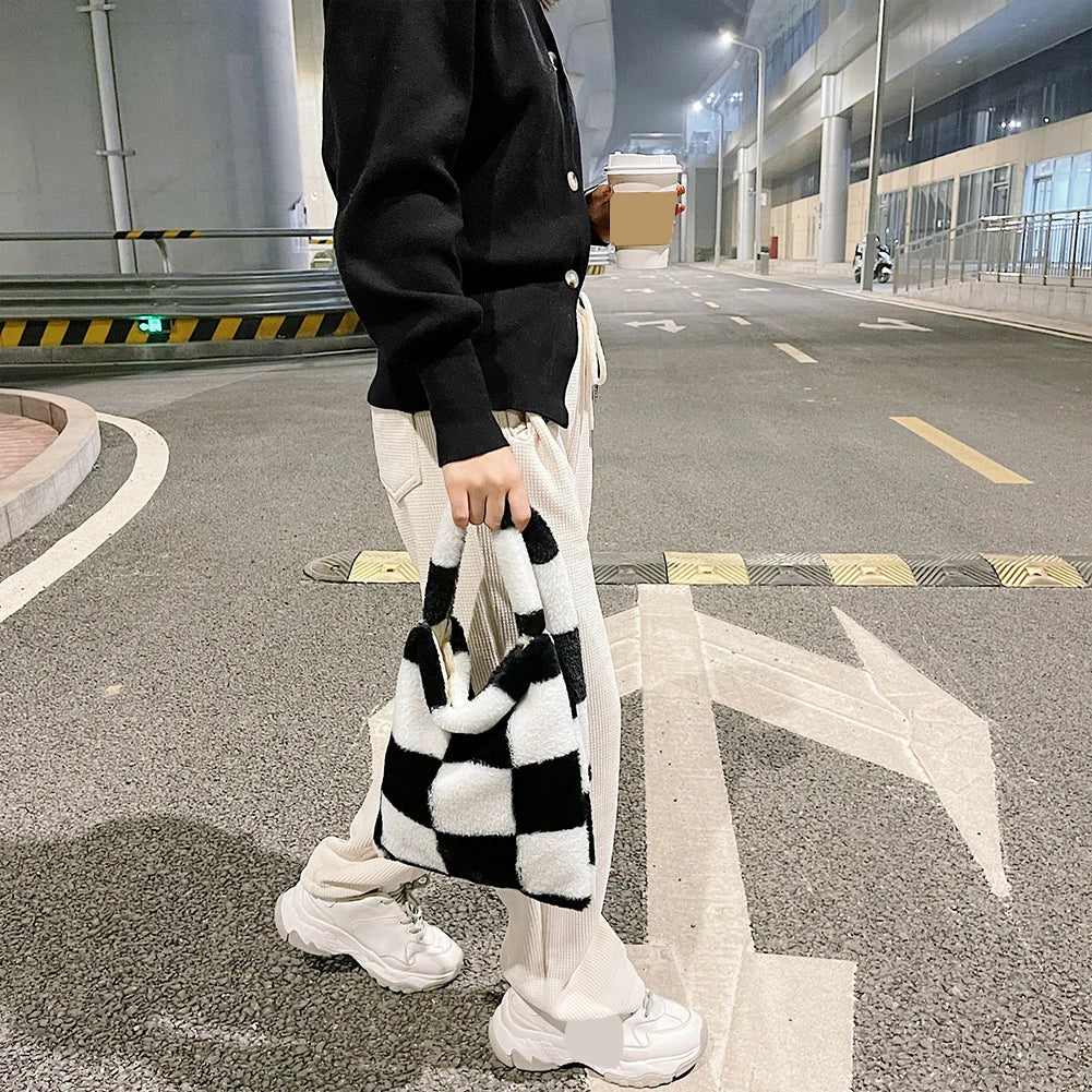Winter Plush Checkered Print Shoulder Bag Women Contrast Shopping Bags