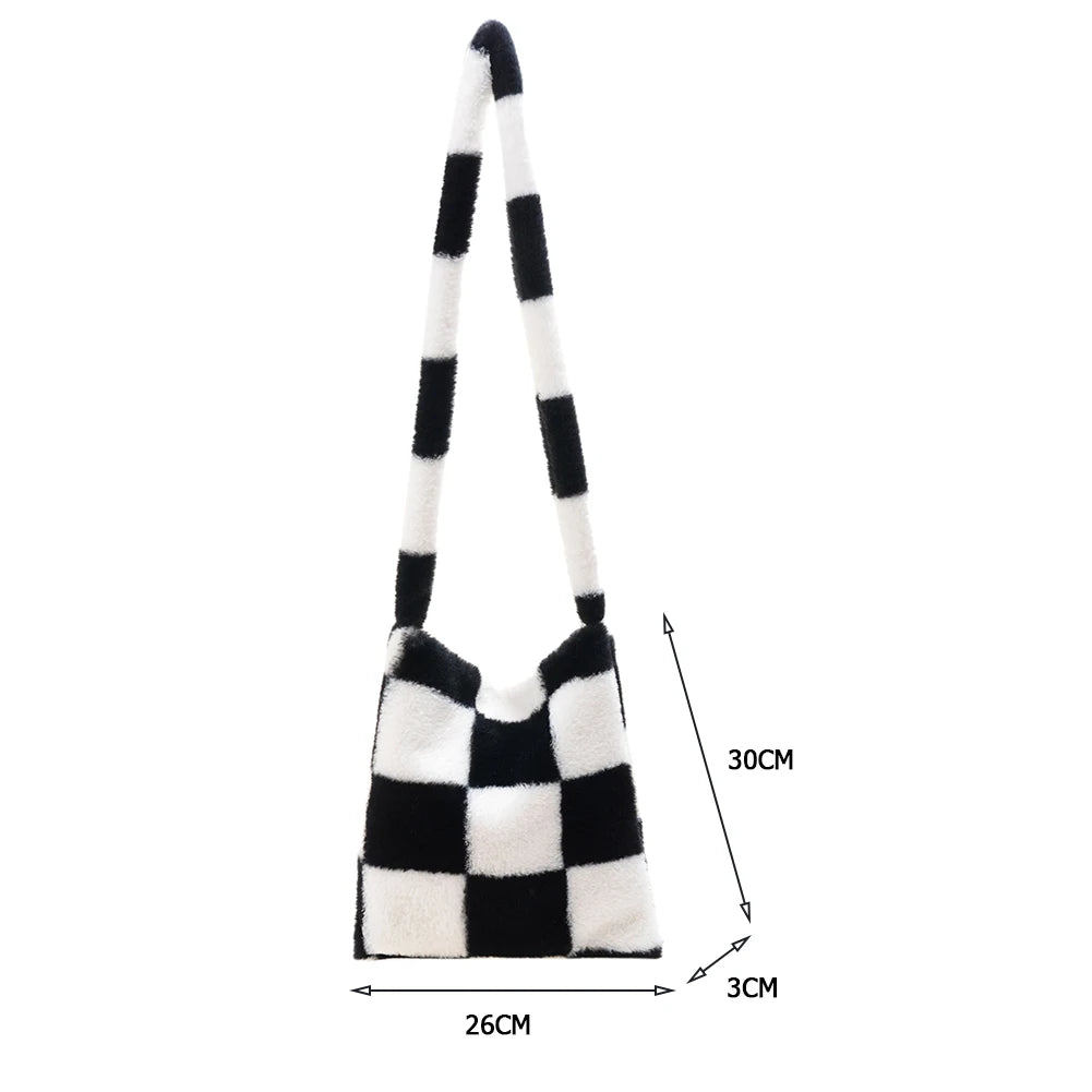 Winter Plush Checkered Print Shoulder Bag Women Contrast Shopping Bags
