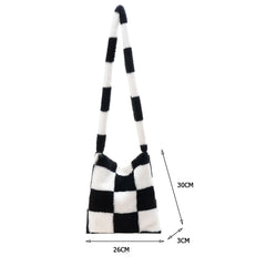 Winter Plush Checkered Print Shoulder Bag Women Contrast Shopping Bags