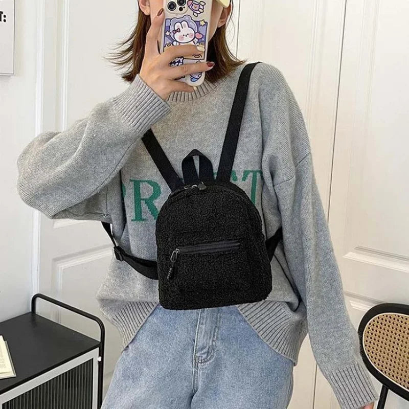 Winter Plush Mini Backpacks Women Retro Soft Portable All-match Backpack