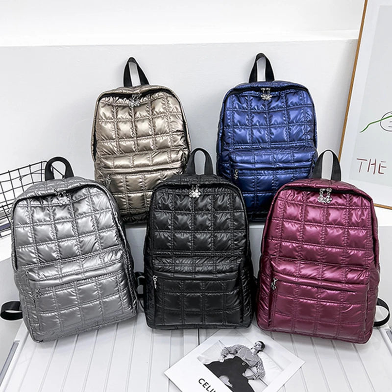 Quilted Plaid Women's Backpack Down Casual Female Backpack
