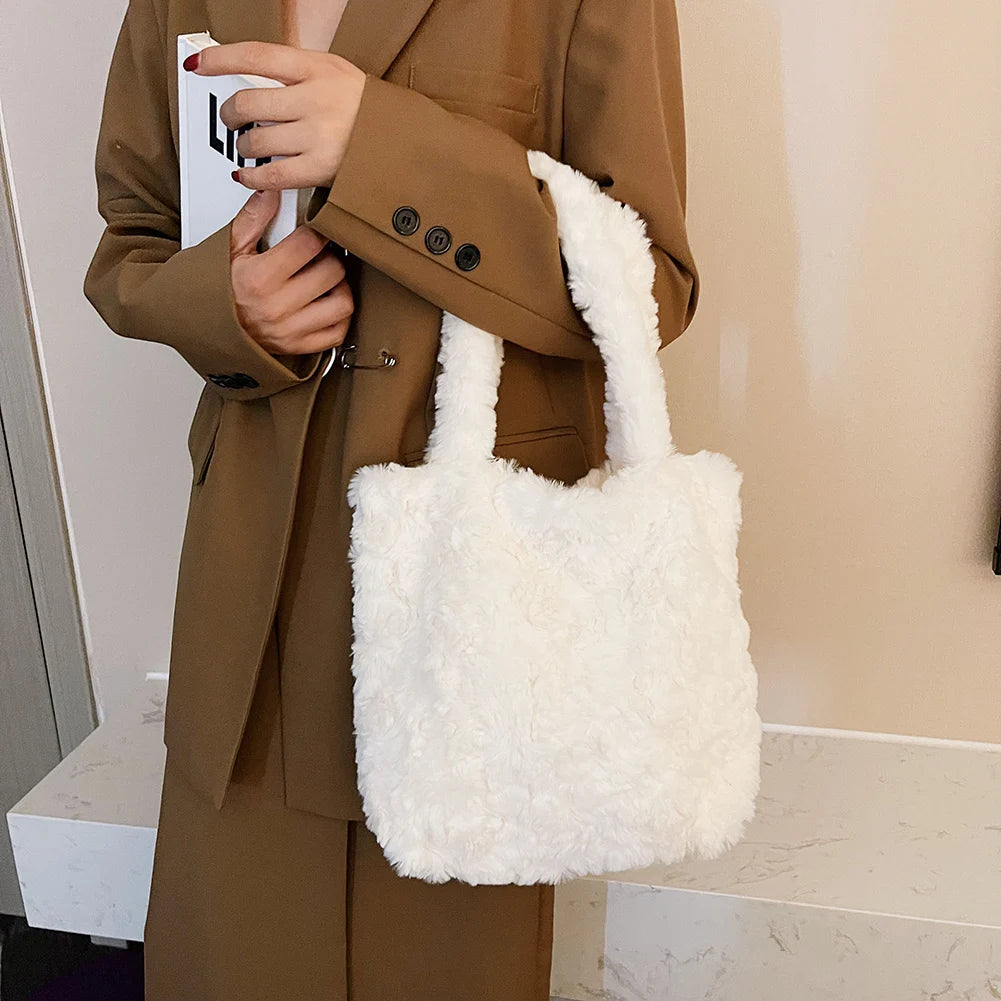 Winter Rose Pink Plush Shoulder Bag Fluffy Tote Underarm Handbag