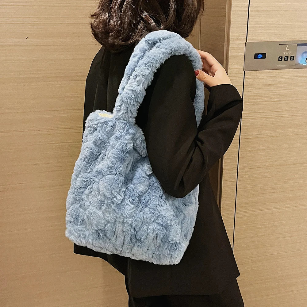 Winter Rose Pink Plush Shoulder Bag Fluffy Tote Underarm Handbag