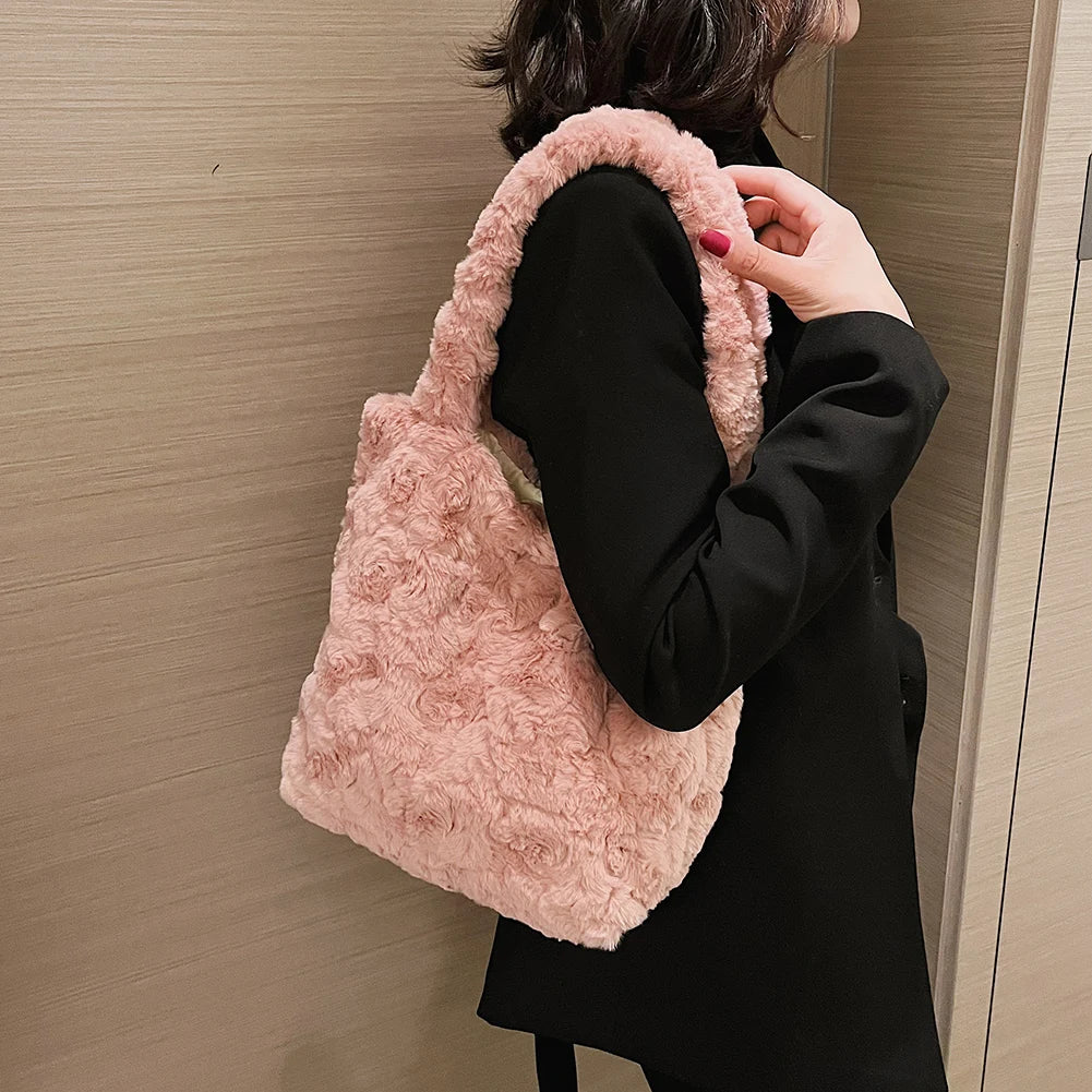 Winter Rose Pink Plush Shoulder Bag Fluffy Tote Underarm Handbag