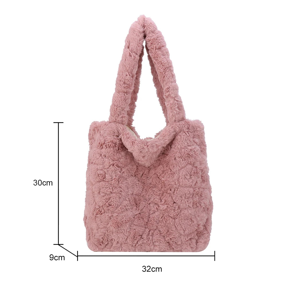 Winter Rose Pink Plush Shoulder Bag Fluffy Tote Underarm Handbag