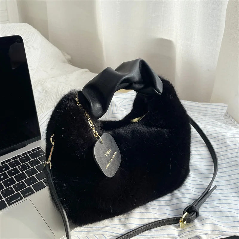 Winter Soft Faux Fur Women Bags Handle Lady HandBag Warm Plush Wrist Bags