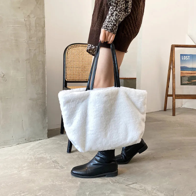 Winter Soft Plush Bags for Women Faux Fur Large Tote Bag
