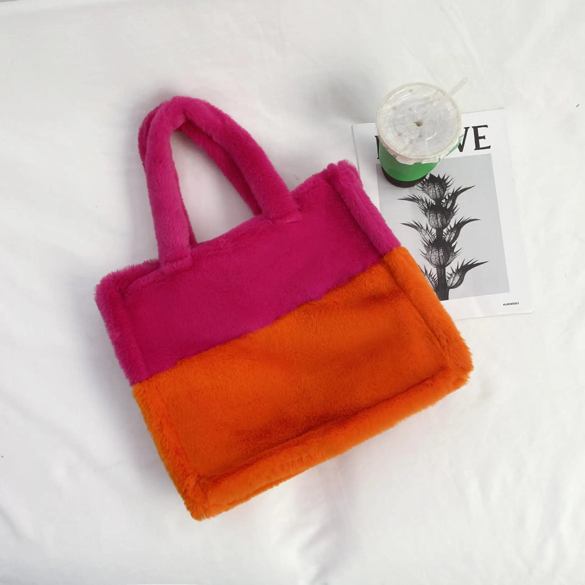 Winter Floral Shoulder Bag Soft Plush Faux Fur Tote