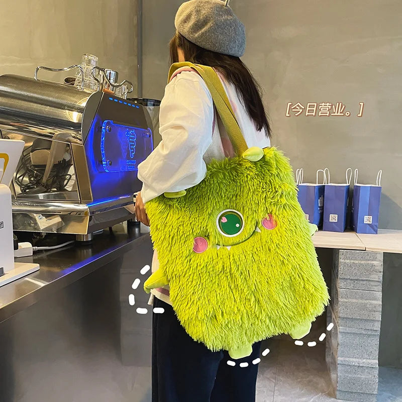 Winter Soft Plush Shoulder Bag Women Little Monster Embroidery Handbags