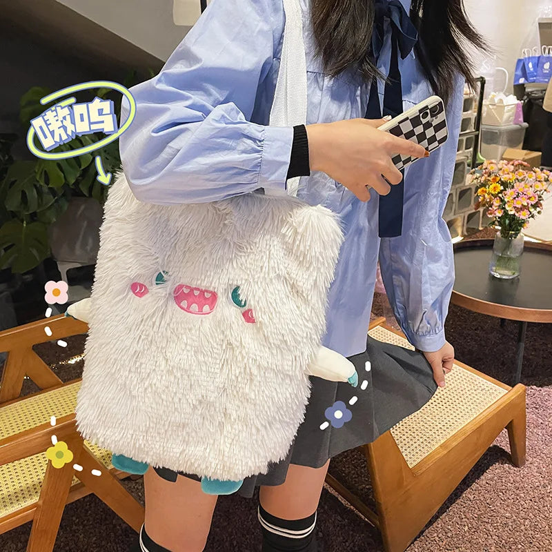 Winter Soft Plush Shoulder Bag Women Little Monster Embroidery Handbags