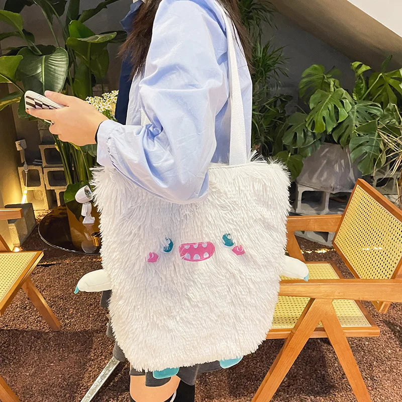 Winter Soft Plush Shoulder Bag Women Little Monster Embroidery Handbags