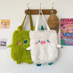 Winter Soft Plush Shoulder Bag Women Little Monster Embroidery Handbags
