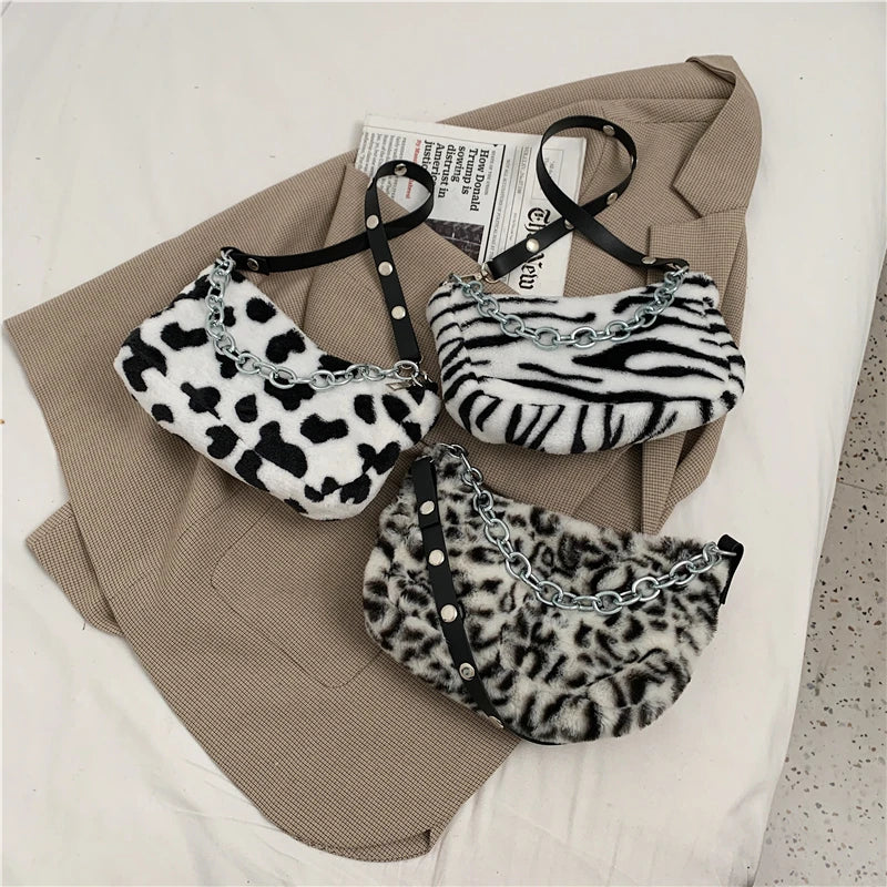 Winter Soft Plush Women Shoulder Crossbody Bag Leopard Small Purse