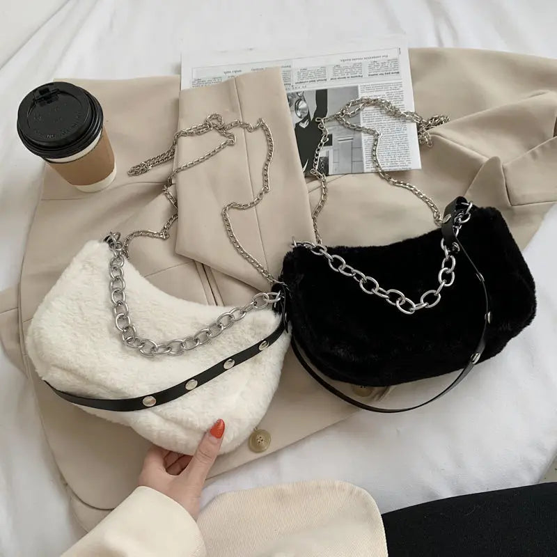 Soft Plush Women Shoulder Messenger Bag Furry Crossbody Chain Purse Handbag
