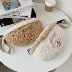 Winter Soft Warm Belt Chest Bag Embroidered Plush Waist Bag For Women