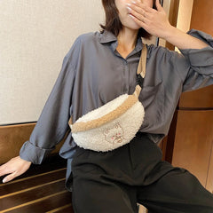 Winter Soft Warm Belt Chest Bag Embroidered Plush Waist Bag For Women