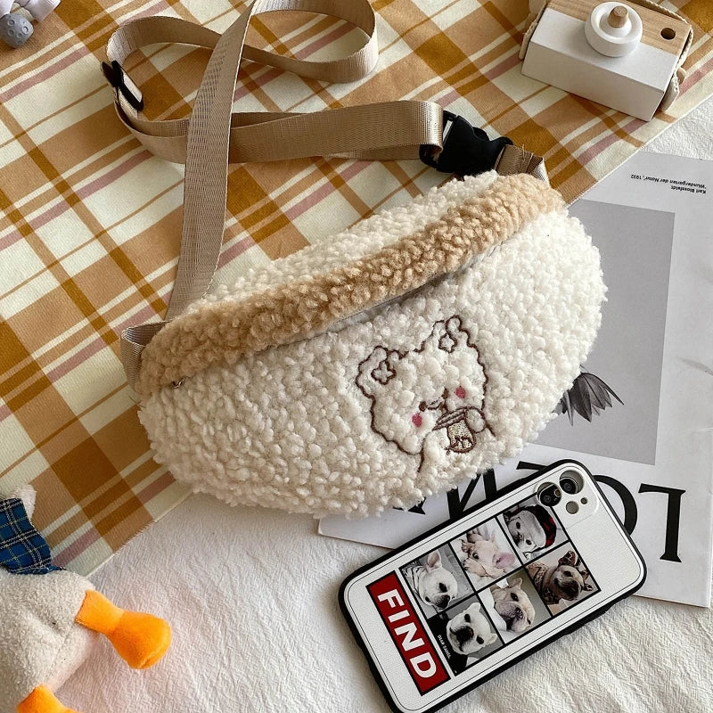 Winter Soft Warm Belt Chest Bag Embroidered Plush Waist Bag For Women