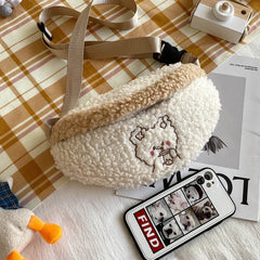 Winter Soft Warm Belt Chest Bag Embroidered Plush Waist Bag For Women