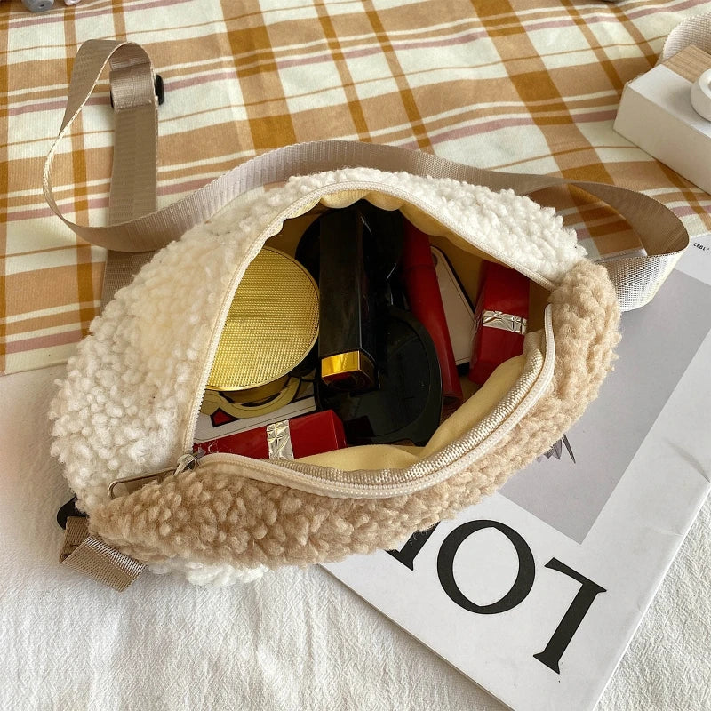 Winter Soft Warm Belt Chest Bag Embroidered Plush Waist Bag For Women