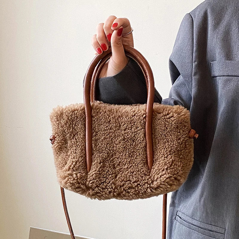 Winter Teddy Curl Plush Tote Bag