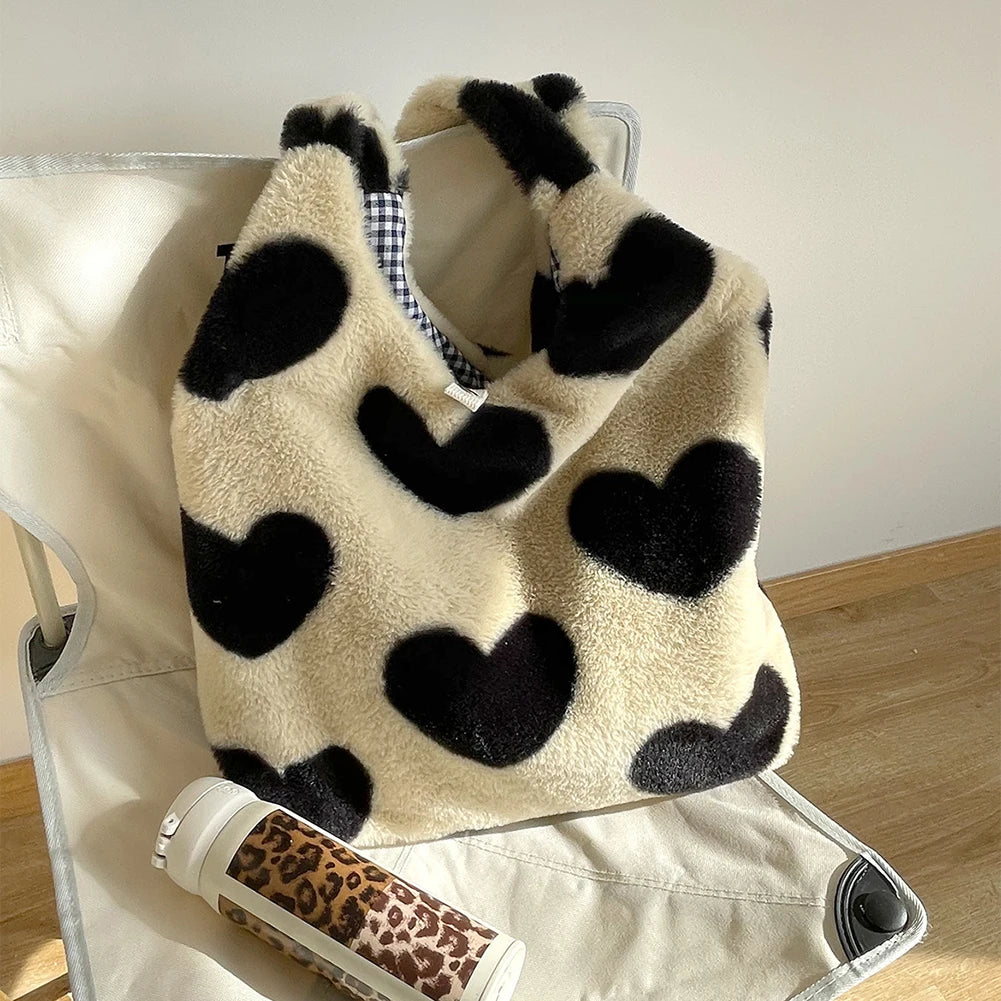 Soft Plush Love Heart Top-handle Bag for Women Girls
