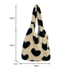 Winter Tote Bag Fluffy Sweet Love Heart Soft Plush Top-handle Purse