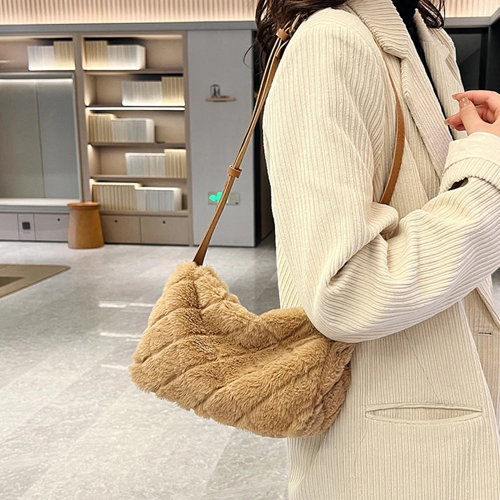 Winter Plush Rhombus Faux Fur Handbag Tote Purse Ladies Shoulder Bag