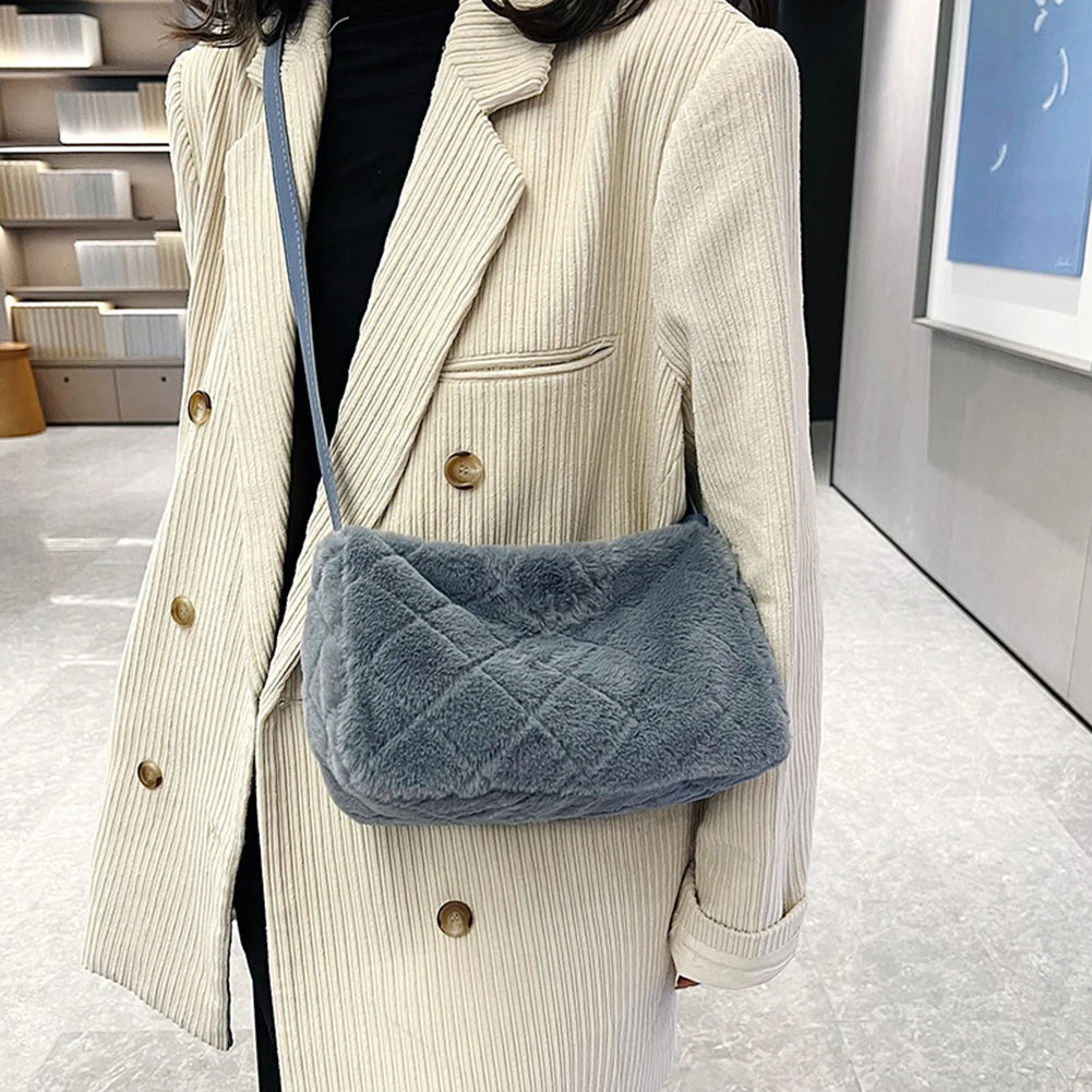 Winter Plush Rhombus Faux Fur Handbag Tote Purse Ladies Shoulder Bag