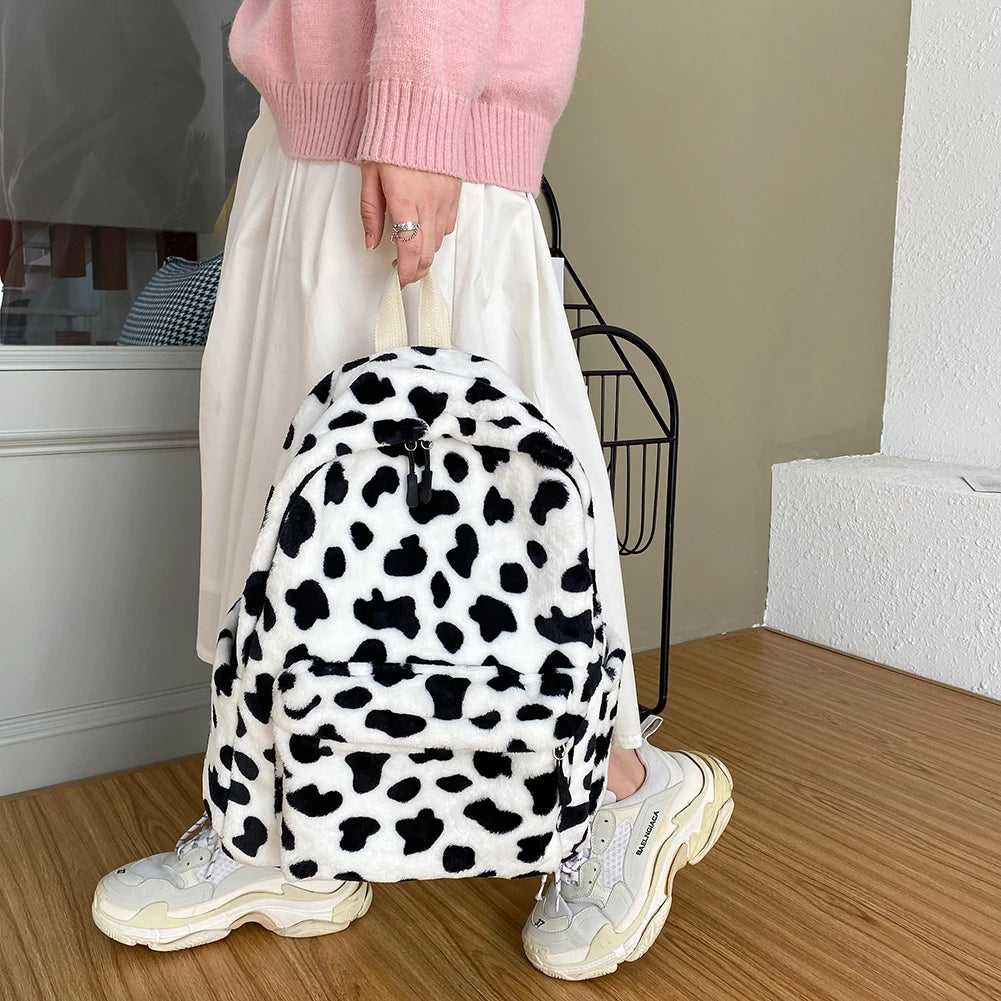 Warm Plush Backpack For Women Cow Print Teenager School Bag