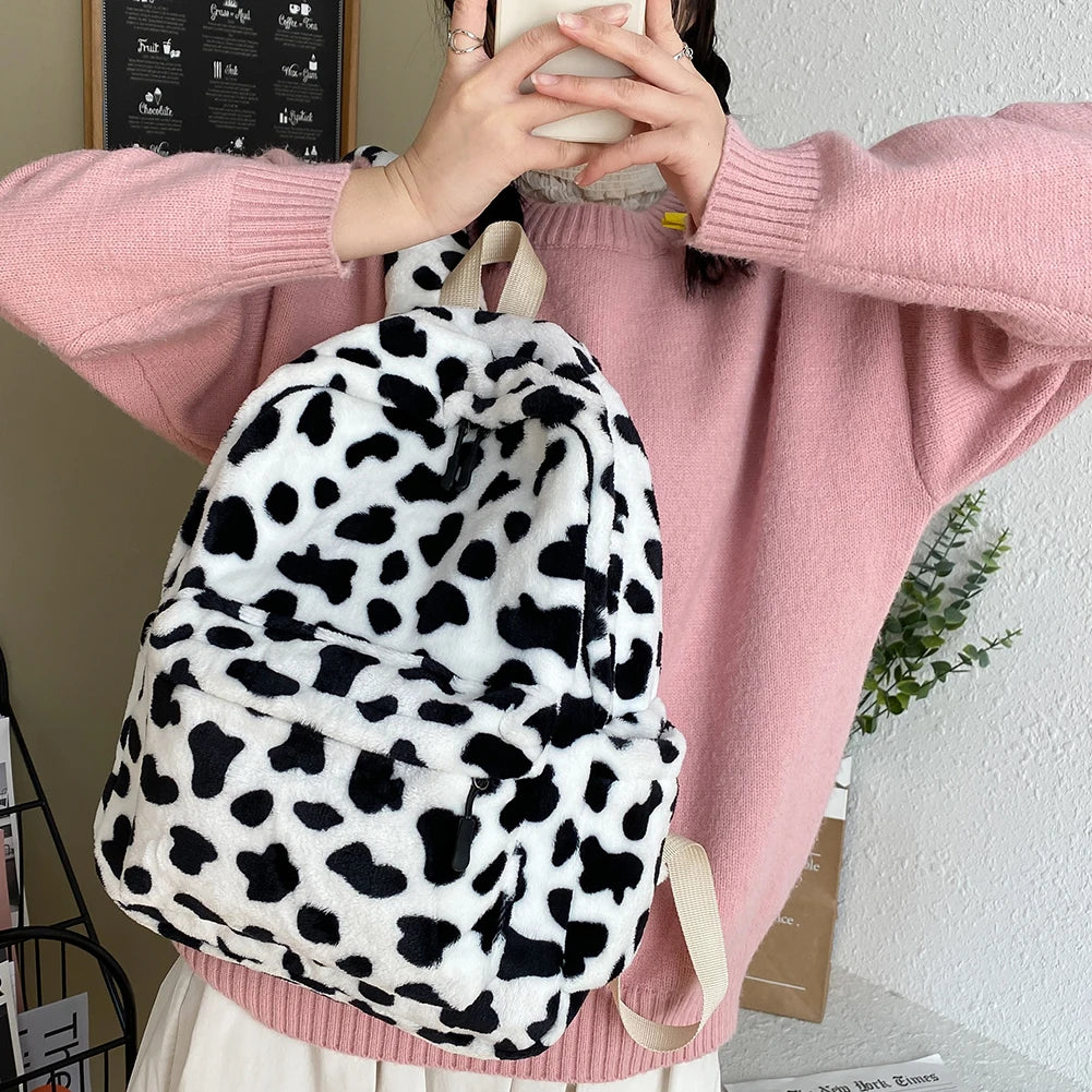 Warm Plush Backpack For Women Cow Print Teenager School Bag