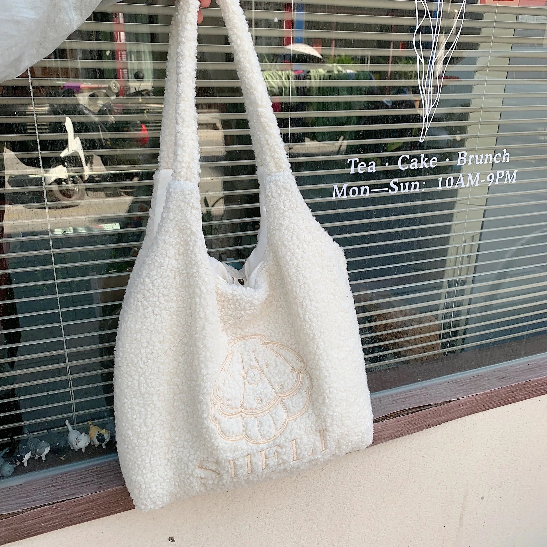Winter Soft Plush Shoulder Bag Women Cartoon Embroidery Purses