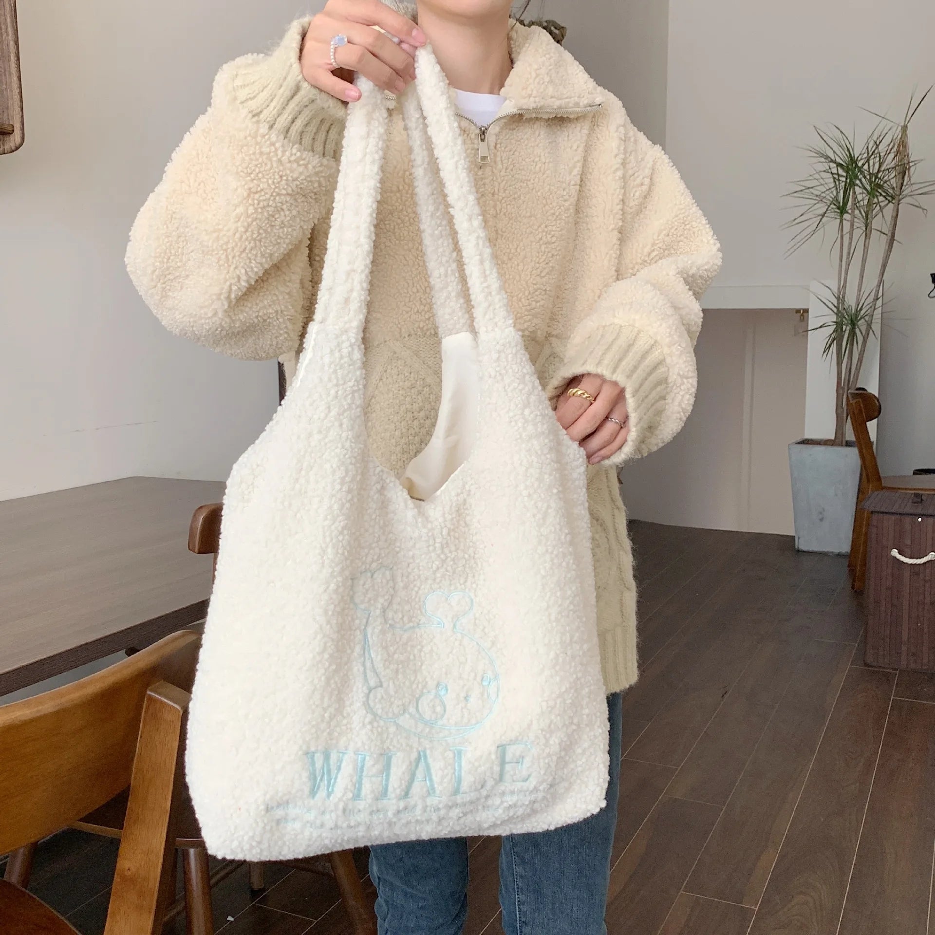 Winter Soft Plush Shoulder Bag Women Cartoon Embroidery Purses