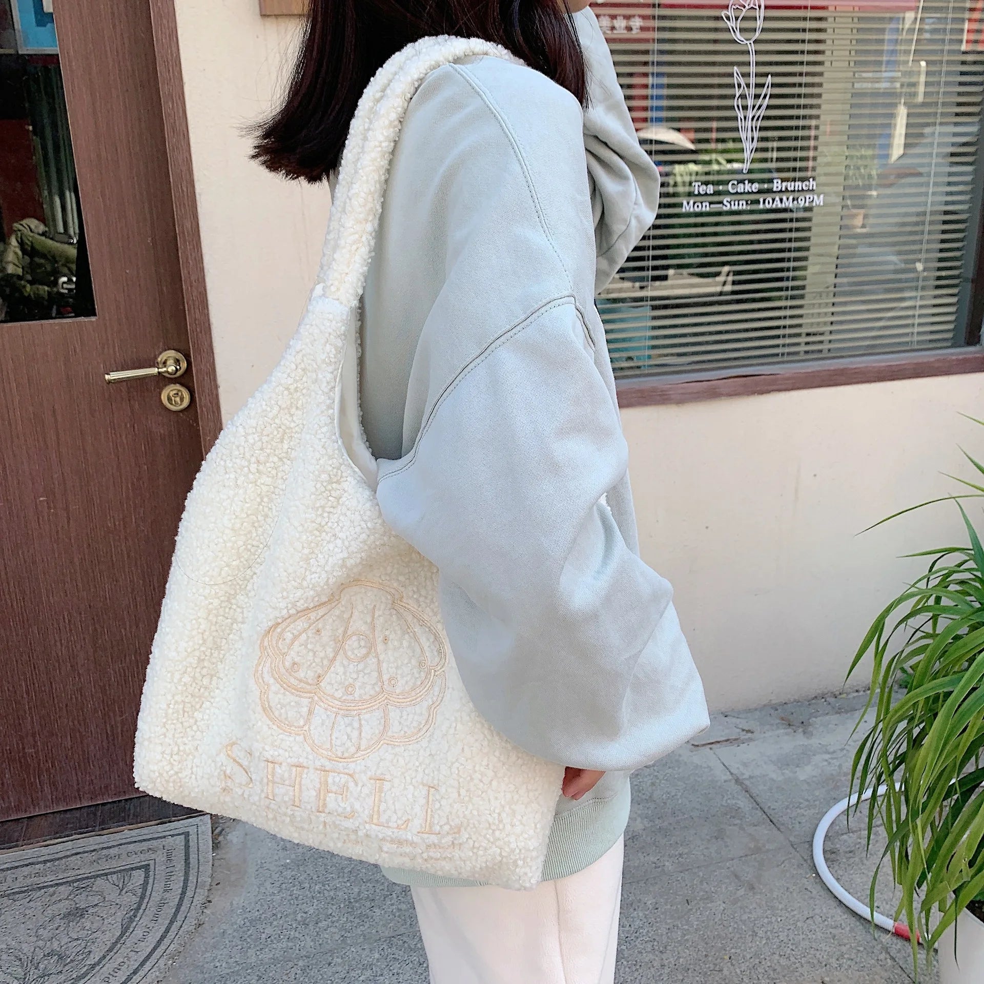 Winter Soft Plush Shoulder Bag Women Cartoon Embroidery Purses