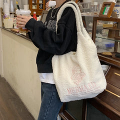 Winter Soft Plush Shoulder Bag Women Cartoon Embroidery Purses