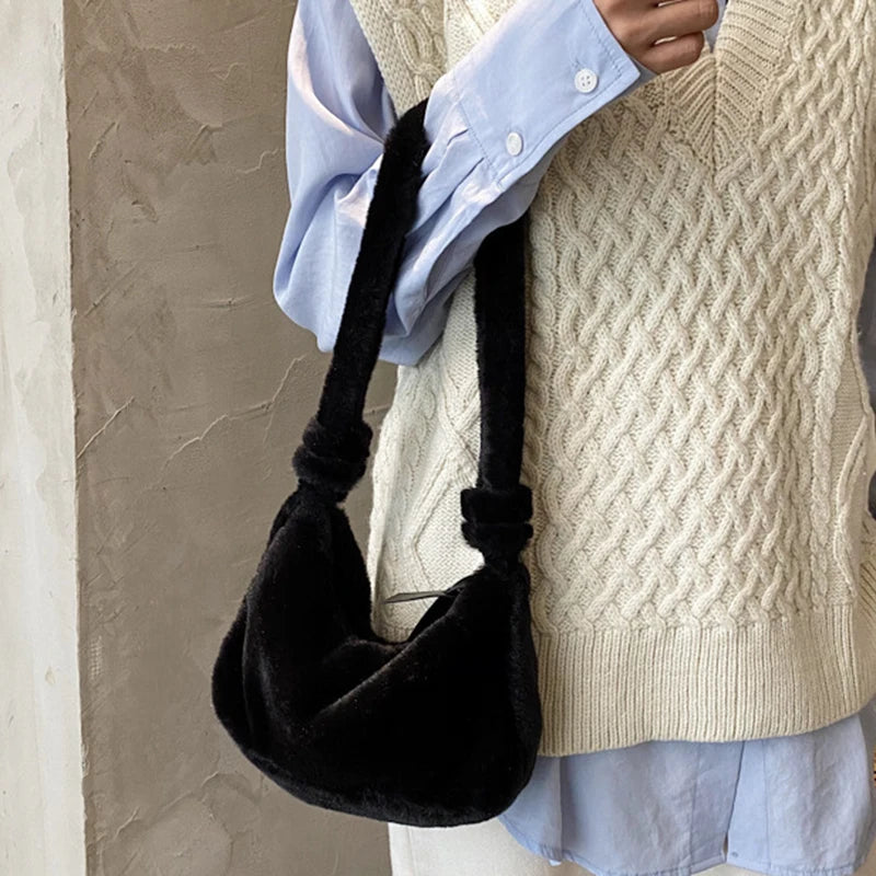 Winter Women Bag Faux Fur Solid Female Shoulder Bags Underarm Ladies All Match
