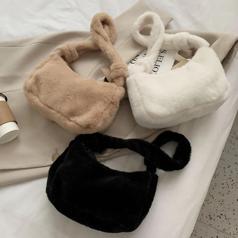 Winter Women Bag Faux Fur Solid Female Shoulder Bags Underarm Ladies